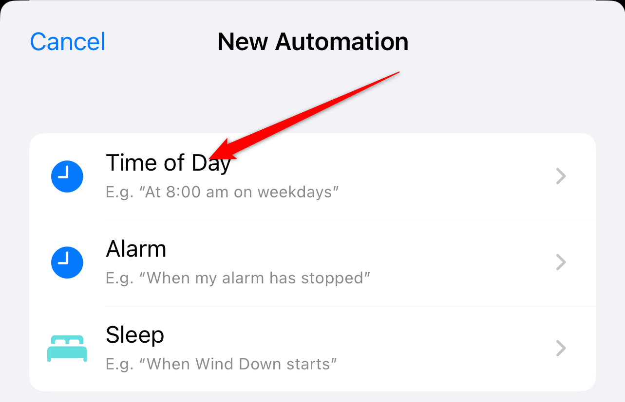 The 'New Automation' creation page with 'Time of Day' highlighted.