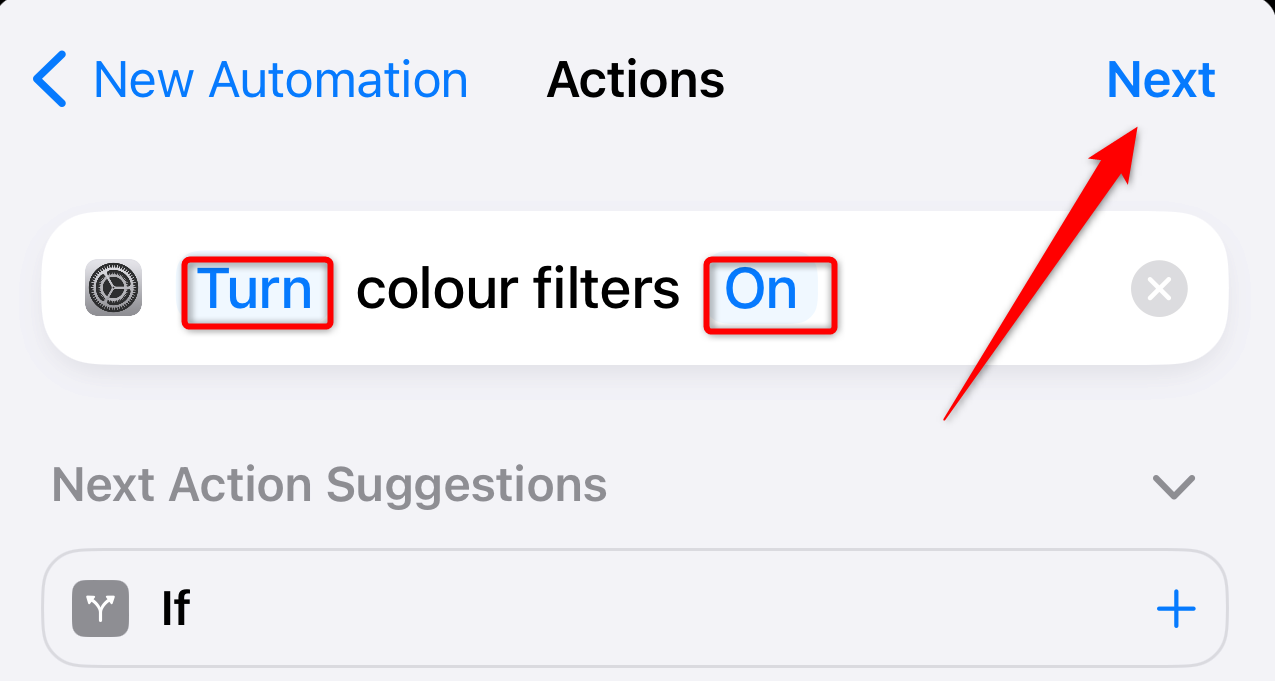 The 'Actions' page when creating a new automation in the iPhone Shortcuts app.
