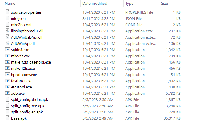  Different split APK files inside the Platform Tools folder.