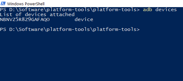 ADB connection successfully established inside PowerShell.