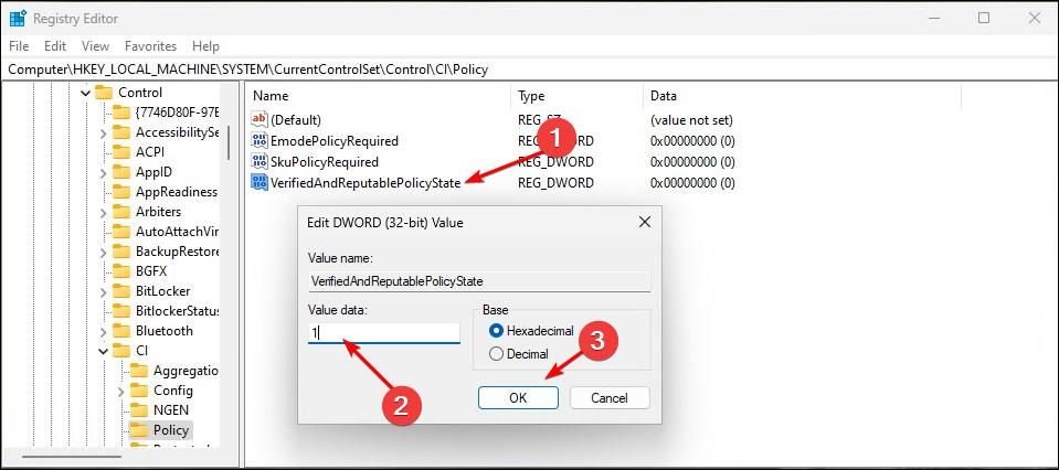 Changing VerifiedAndReputablePolicyState value in Registry Editor to 1.
