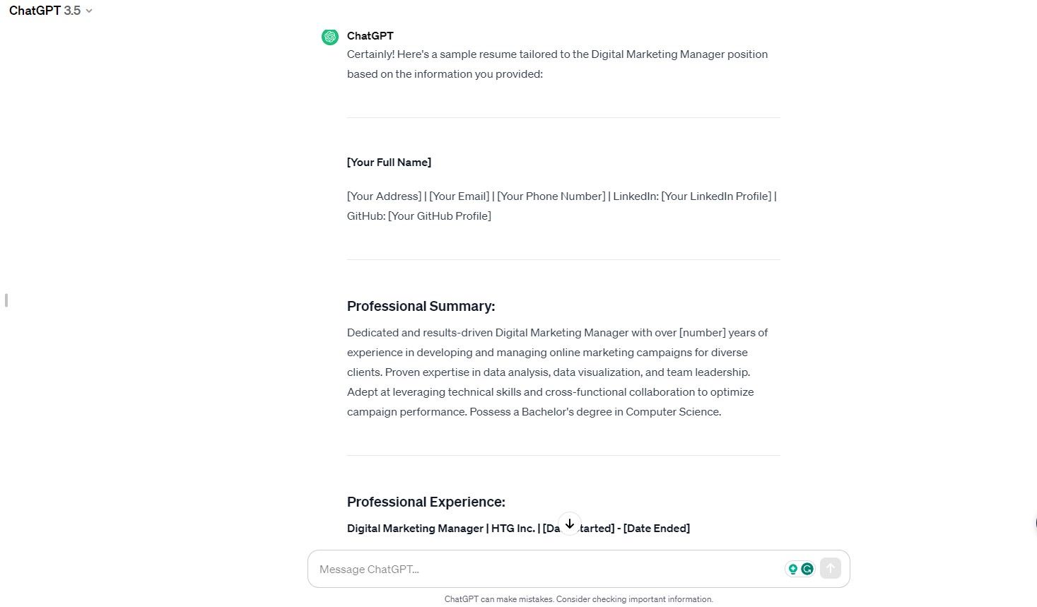 ChatGPT-crafted resume based on prompting