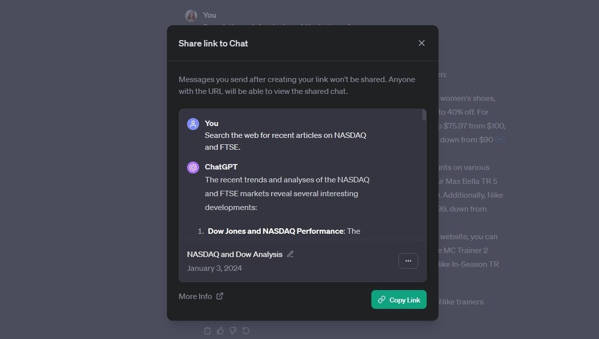 The ChatGPT chat share window on the desktop browser interface.