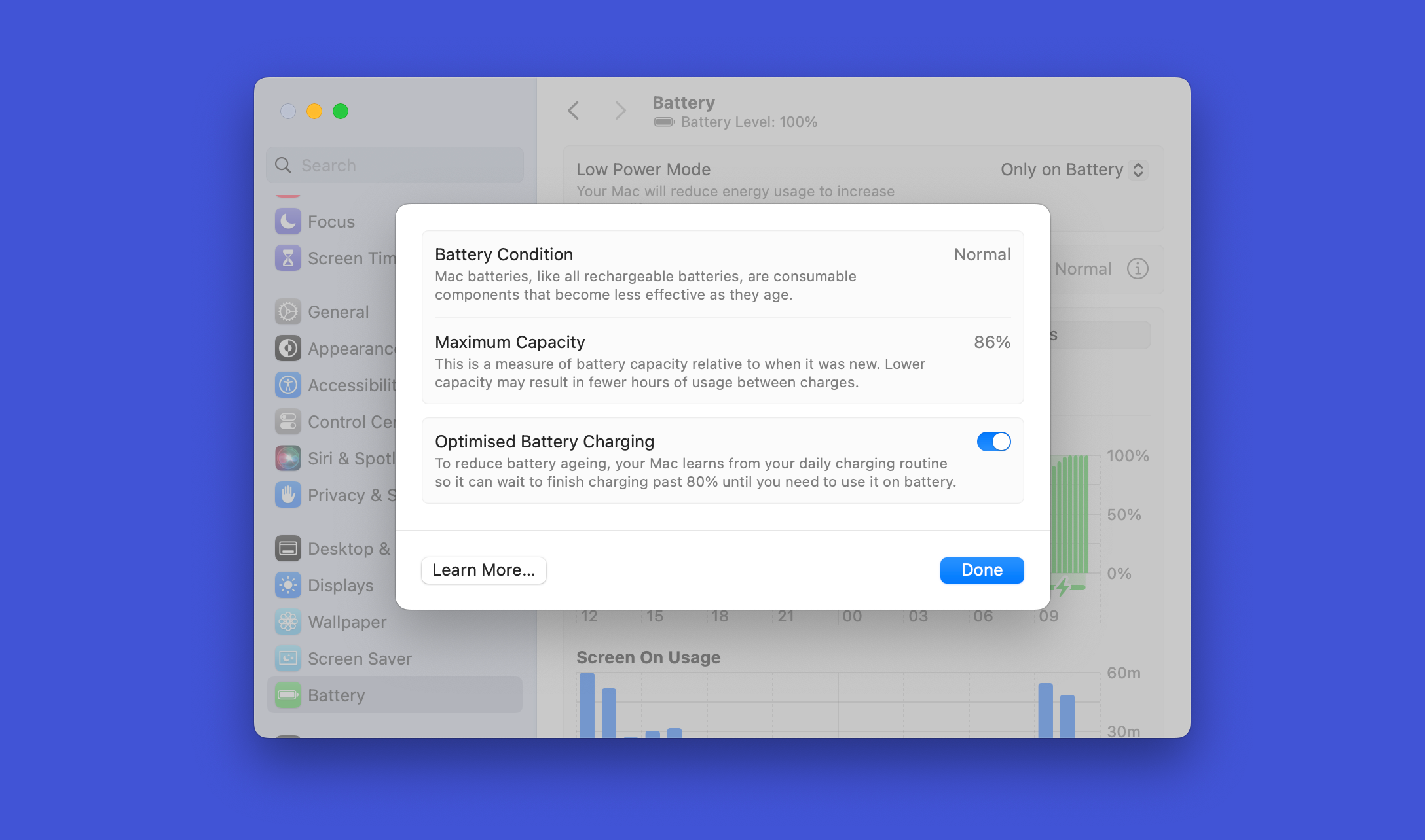 macOS battery health information and associated settings.