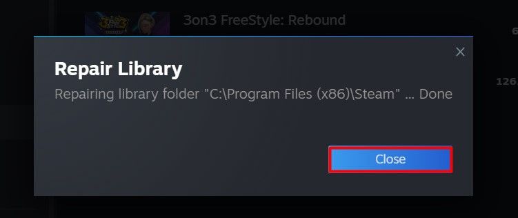 Close button in the Steam client.