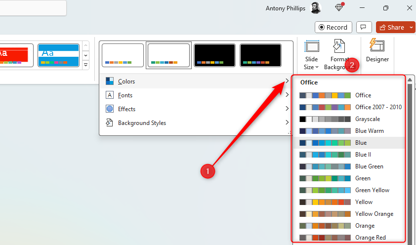PPT window highlighting where to access the color variants.