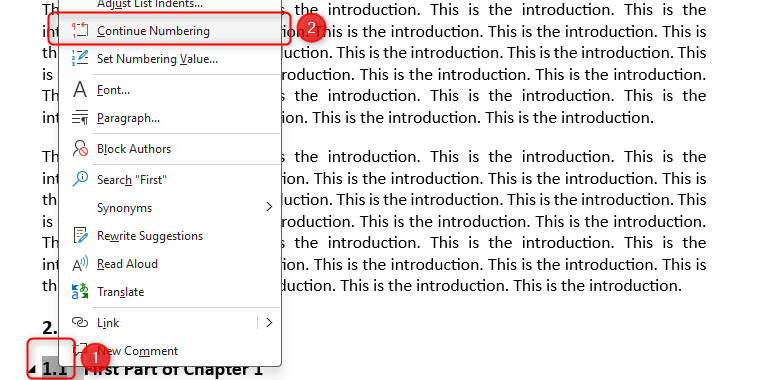 Word document showing the menu that appears when you right-click the level 2 numbering, and highlighting where 'Continue Numbering' is located.