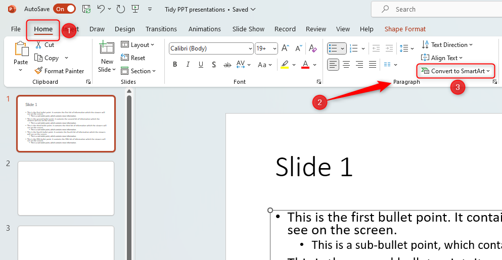 PPT screenshot showing how to convert text to SmartArt in the 'Paragraph' group of the 'Home' tab in the ribbon.
