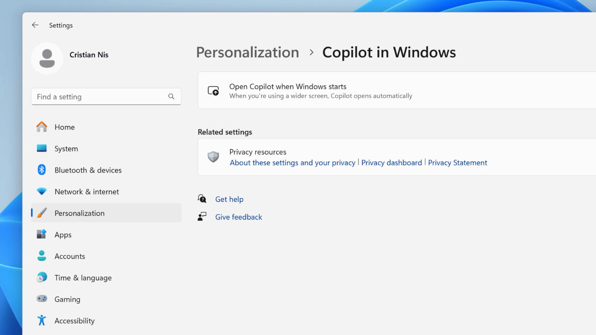 Windows 11 option testing Copilot on startup.