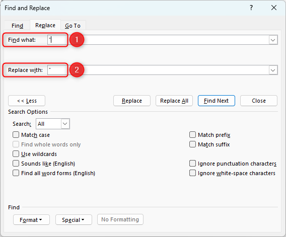 'Find and Replace' dialog box open with quotation marks typed in both the 'Find What' and 'Replace With' sections.