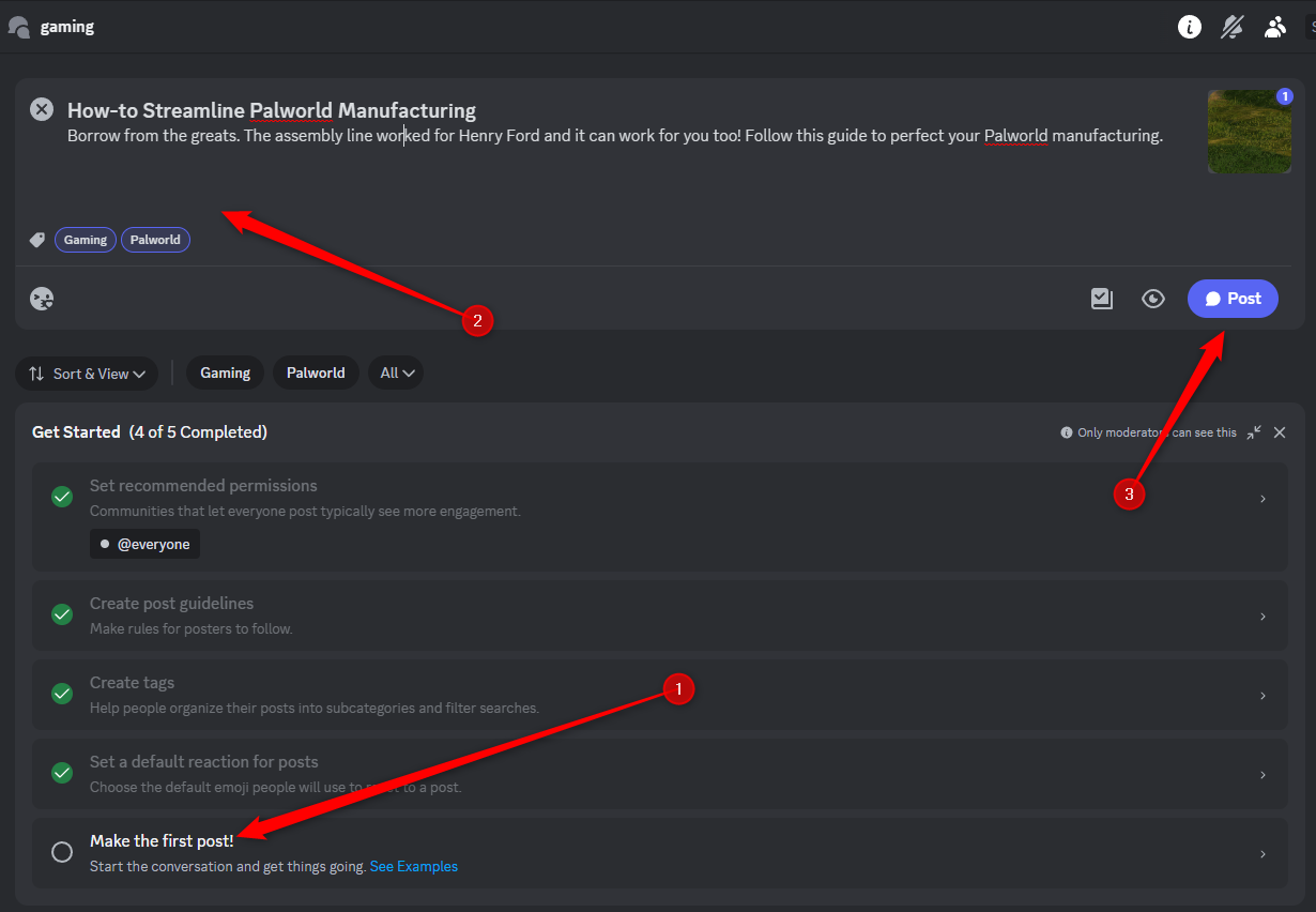 An example of a Discord forum post with a sample image, title, content, and relevant tags all filled out.
