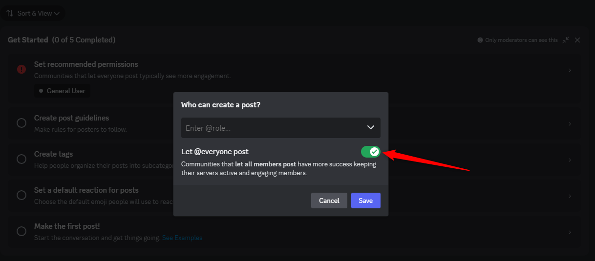 An example of the Discord 'Who can create a post' menu with the 'Let everyone post' button turned on an highlighted in green.