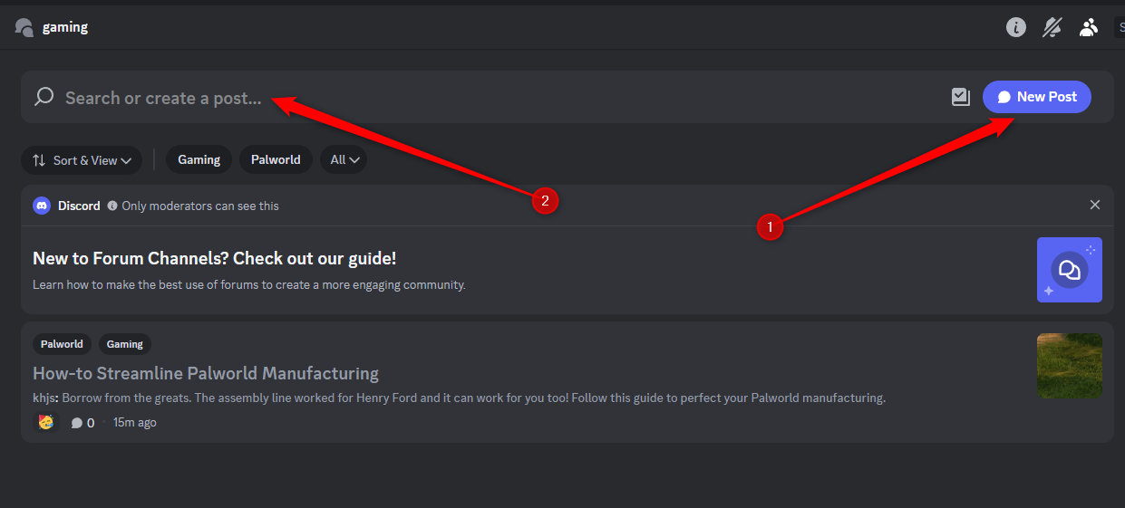 An example of a Discord forum channel with an existing post and the 'New Post' button highlighted in blue.