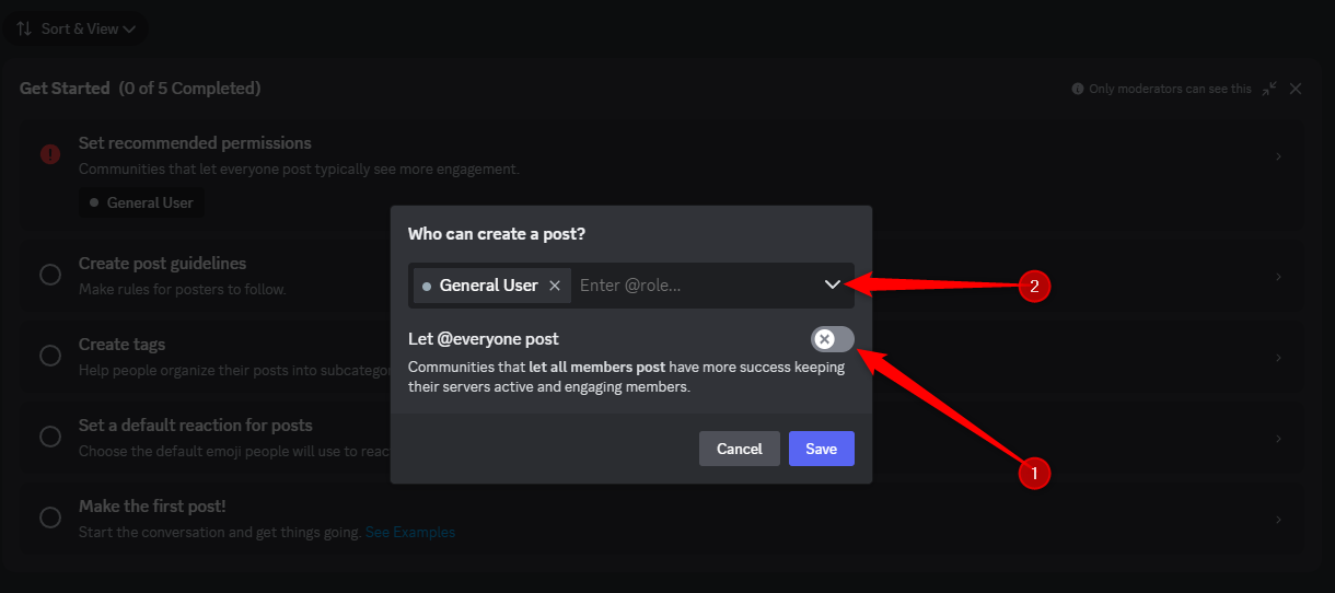 An example of the 'Who can create a post' menu in Discord with relevant roles added.
