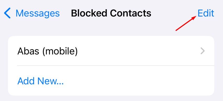 Using the Edit button in the Blocked Contacts settings to edit the list.
