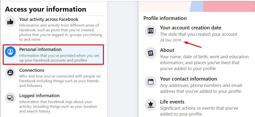 Facebook creation date under the Profile Information section on Desktop.