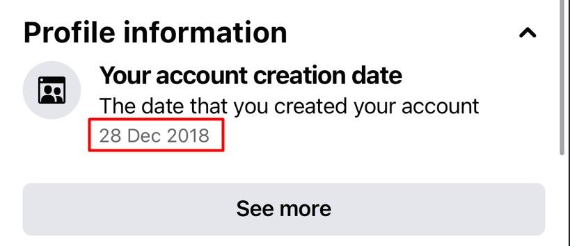Facebook creation date under the Profile Information section.