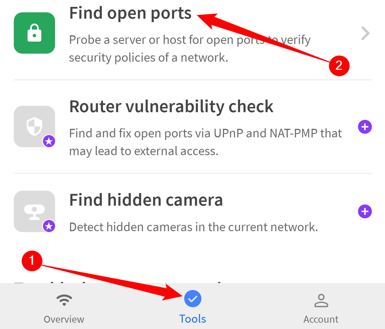 Tap 'Tools,' then go to 'Find Open Ports.'