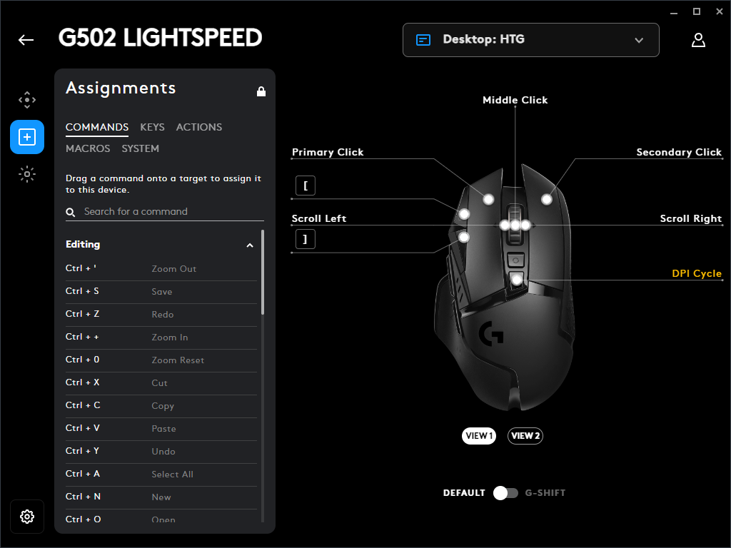 A screenshot of the Logitech G HUB with the G502 Lightspeed