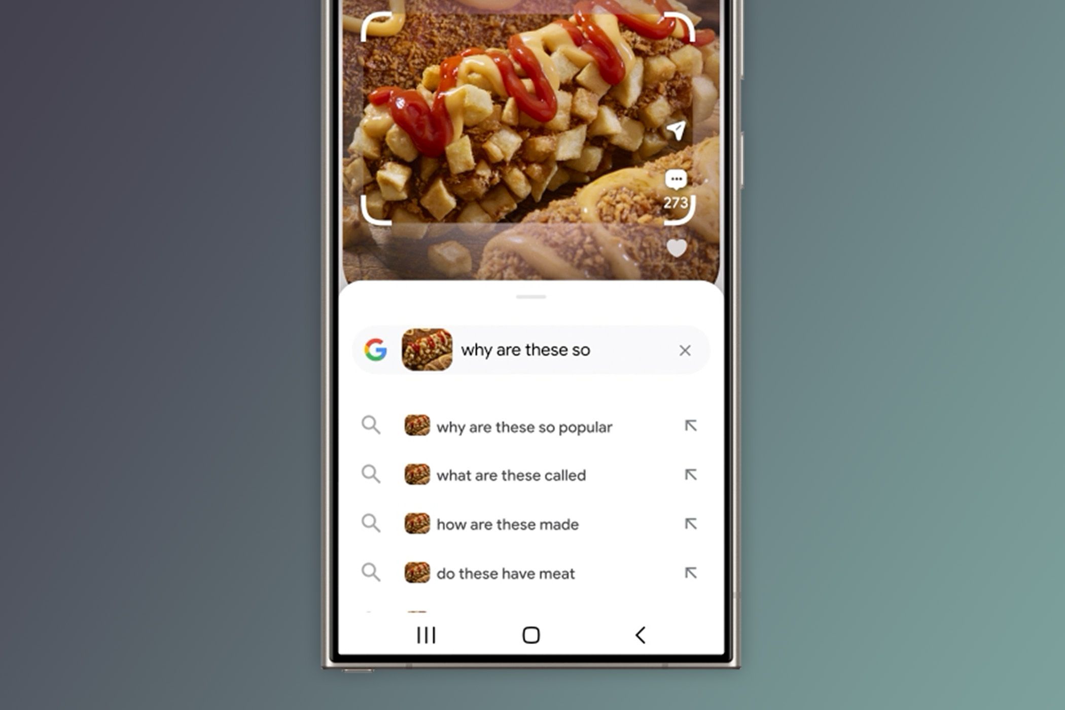 Smartphone screen displaying a search about popular food.