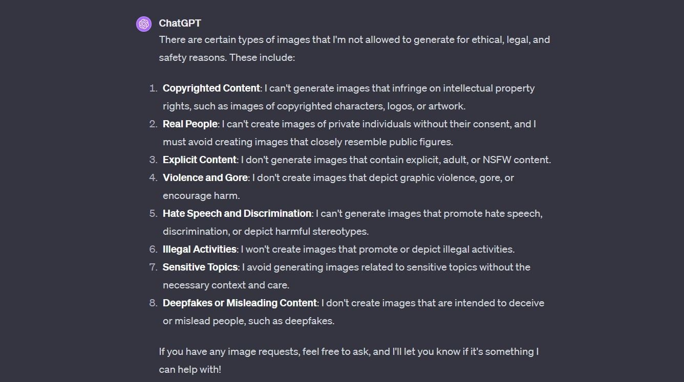 ChatGPT's list of DALL-E restrictions on desktop.