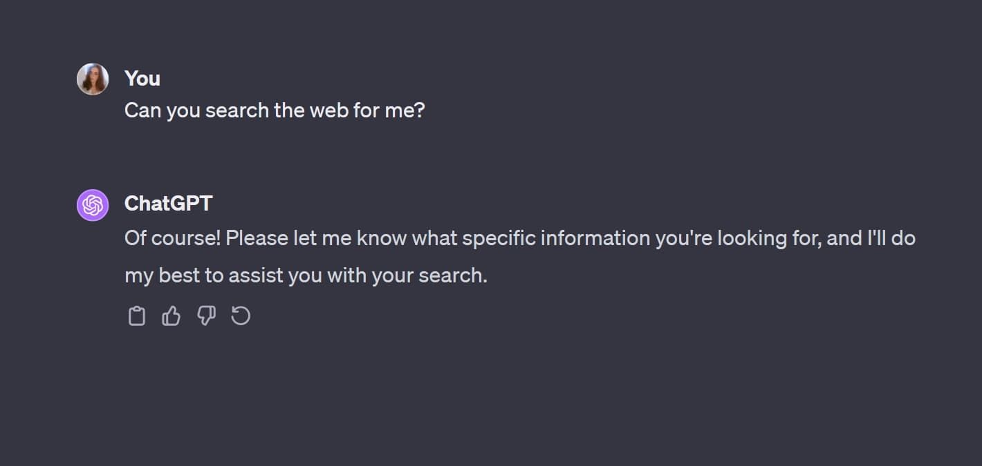 Web search request within chatgpt conversation on desktop.