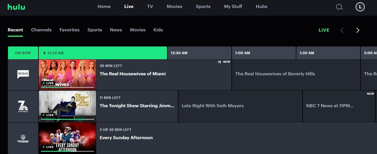 Hulu home screen with channel grid.