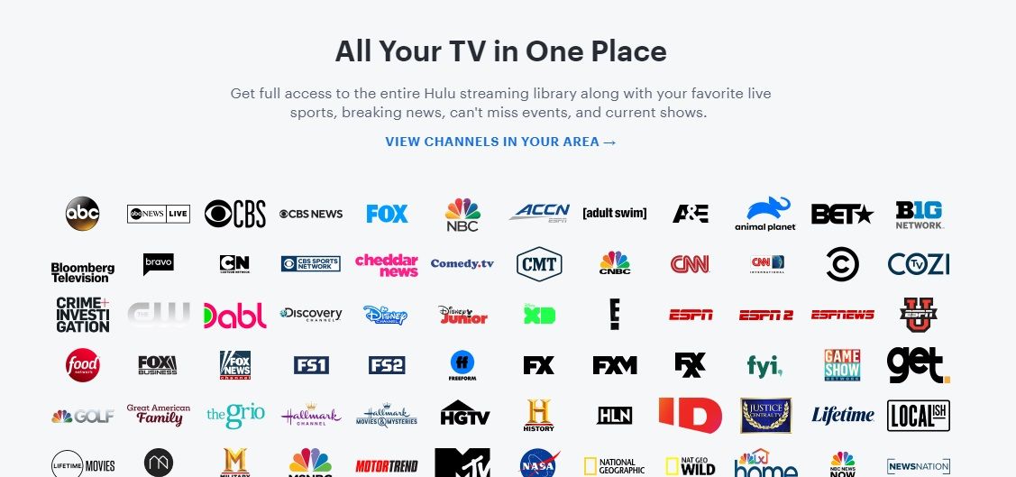 Hulu Live TV partial channel list. 