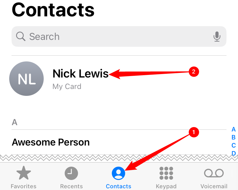 Tap 'Contacts,' then select 'My Card' at the top. 