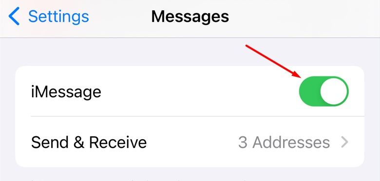 iMessage toggle in the Settings app.