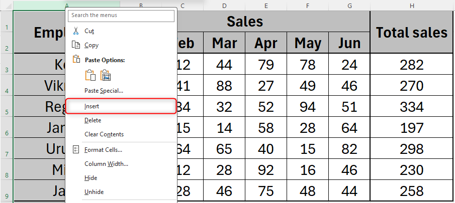 Excel sheet showing the 'Insert' option by right-clicking on the header of column A.
