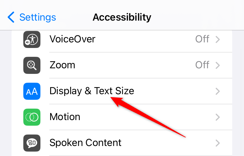 iPhone Accessibility settings with 'Display & Text Size' highlighted.