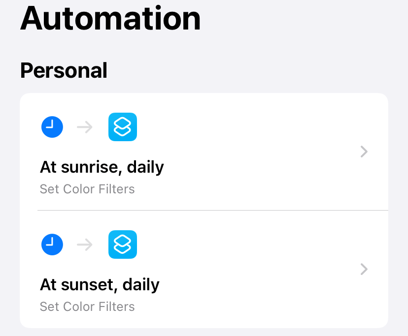 The two automations to turn color filters on and off at sunset and sunrise respectively