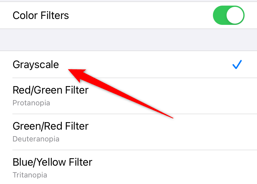 Setting 'Grayscale' mode in the color filters section of the iPhone Accessibility menu.