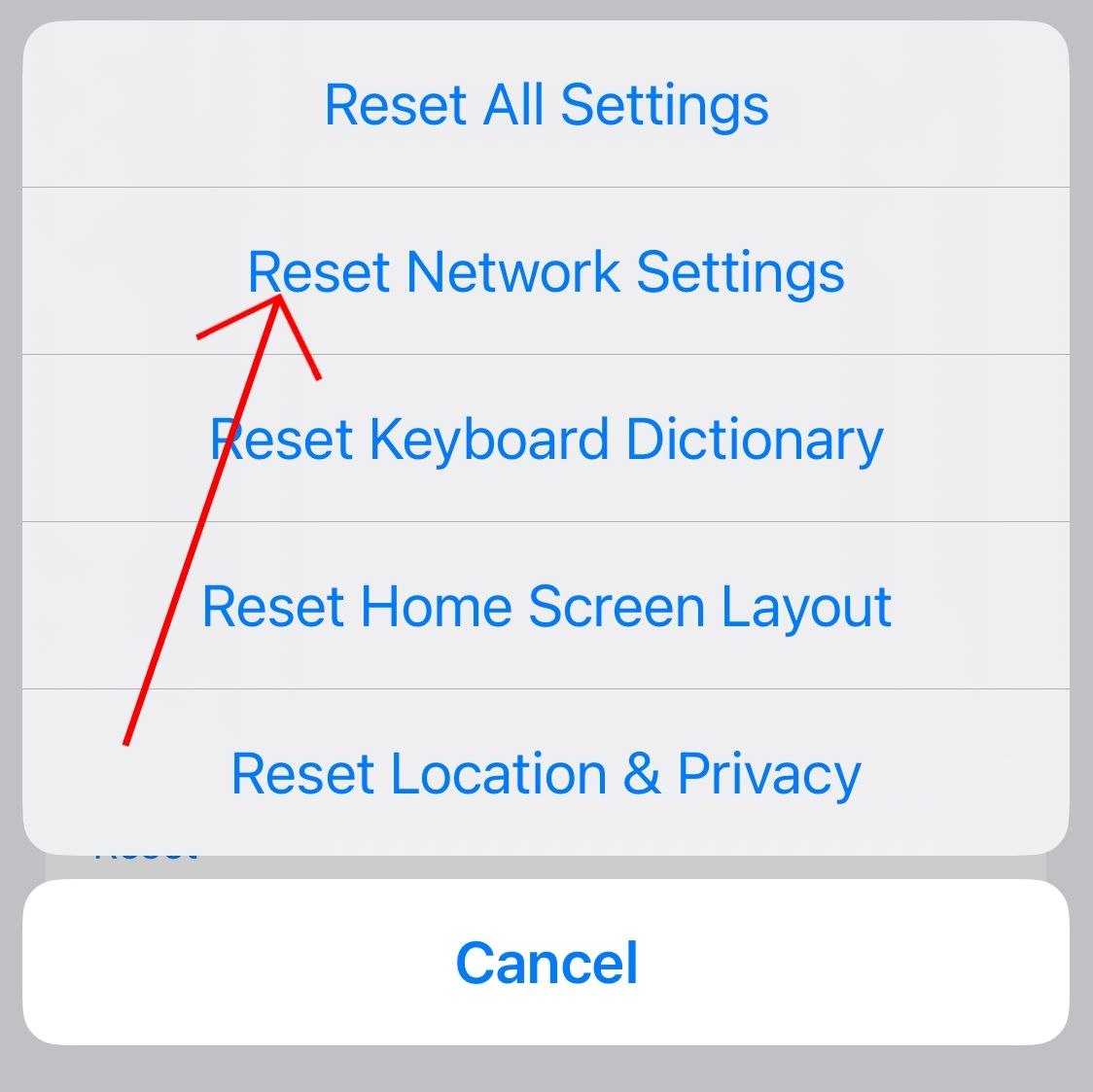 Select 'Reset Network Settings' under iPhone Settings.