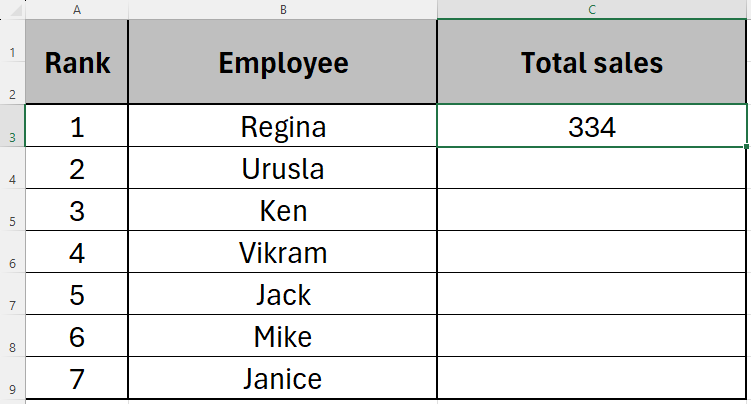 Excel sheet showing the result of using VLOOKUP to find the highest-ranked employee's total sales.