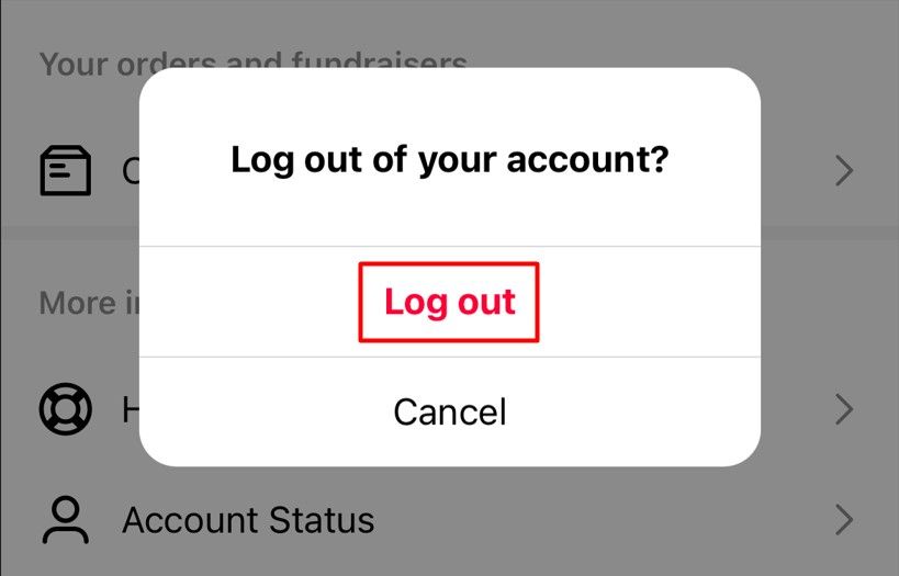 Log Out Confirmation option on Instagram Settings page.