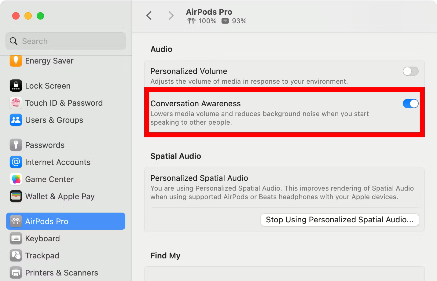 macOS Sonoma AirPods settings with the Conversation Awareness option in the Audio section enabled.
