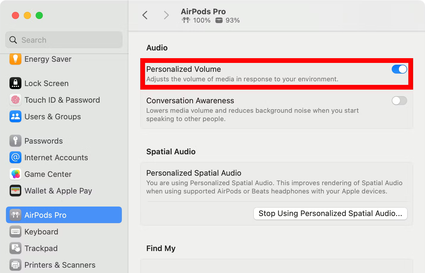 macOS Sonoma AirPods settings with the Personalized Volume option enabled.