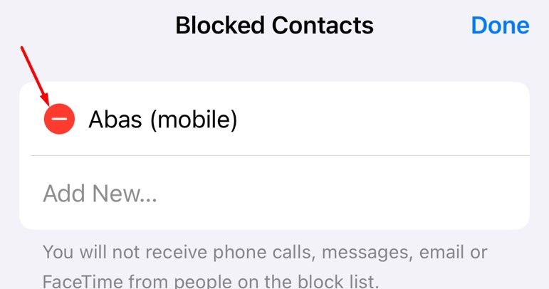 Using the minus icon the Blocked Contacts settings to remove a blocked contact.