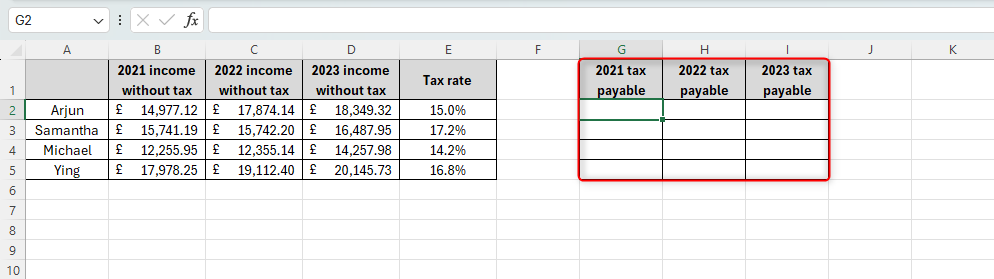 Microsoft Excel sheet showing data relating to several employees and blank 'tax payable' tables where their total tax bill will be calculated using mixed references.