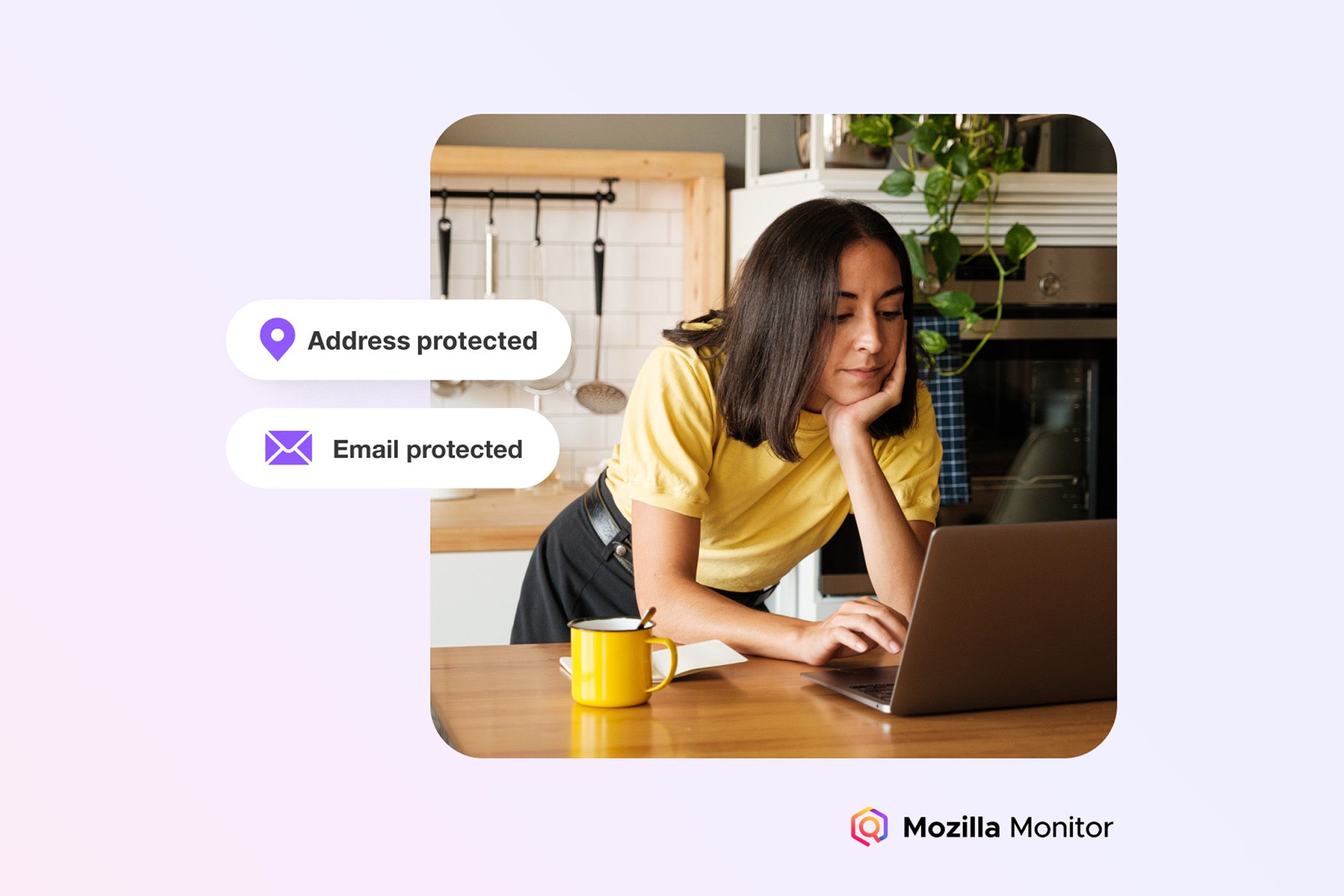 Person looking at laptop with privacy icons and Mozilla Monitor logo