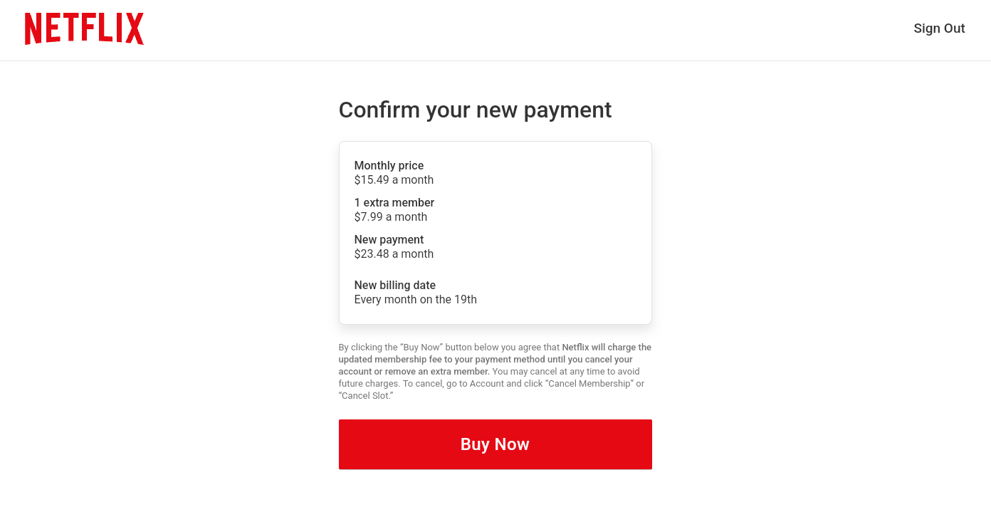 Netflix website showing the cost of adding an extra member.