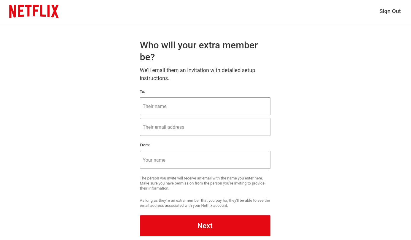 Sending an invite to an Extra Member on the Netflix website.