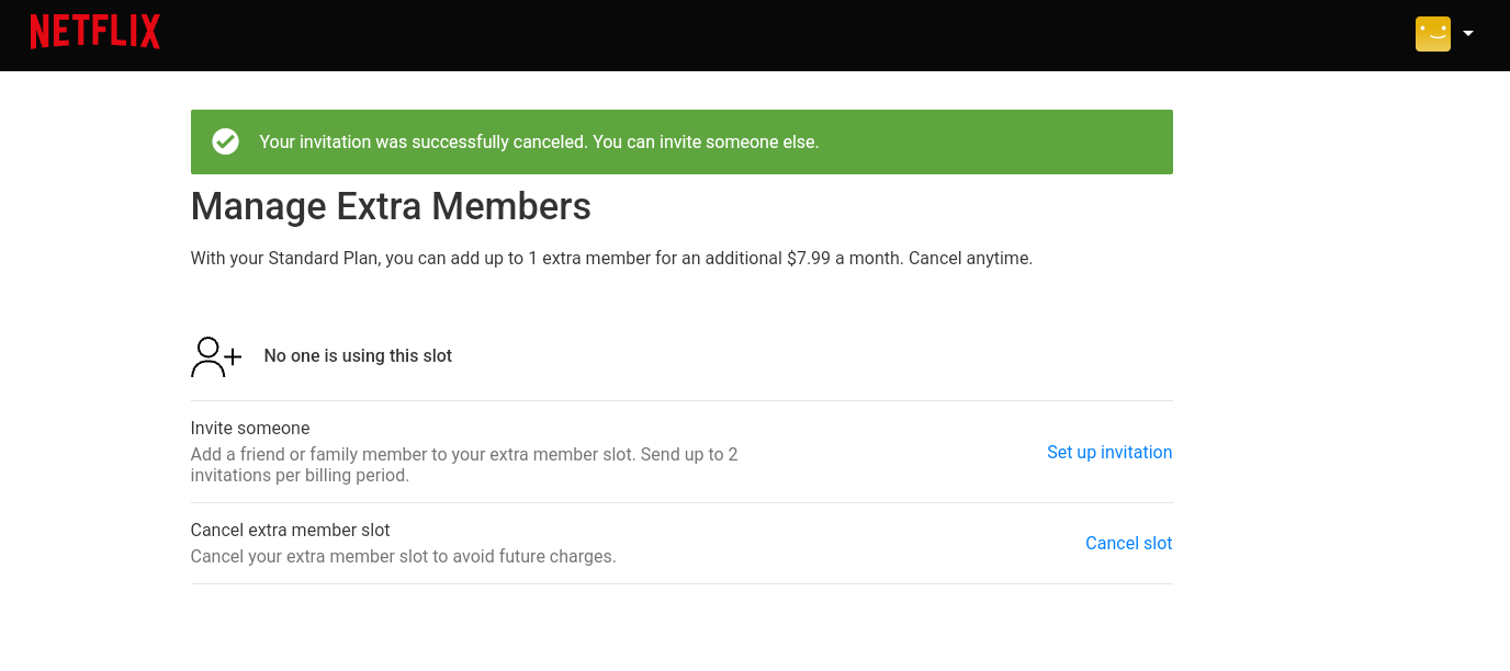 The Netflix website listing Extra Members tied to an account.