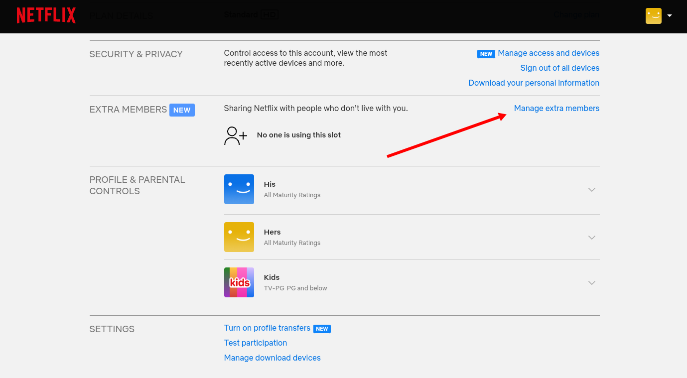 The option to manage Extra Members on the Netflix website.