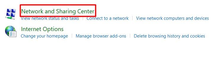 Network and Sharing center option in the Control Panel.