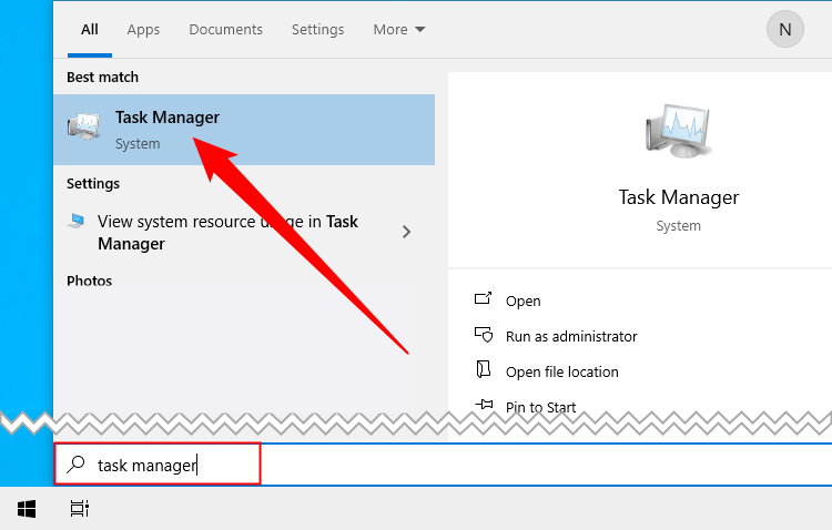 Search 'Task Manager,' then click the result or click 'Open.'