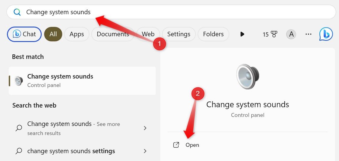 Opening the sound settings from Windows Search.