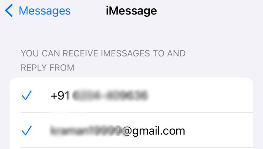 Phone numbers listed in the iMessage Settings for receiving and sending messages.